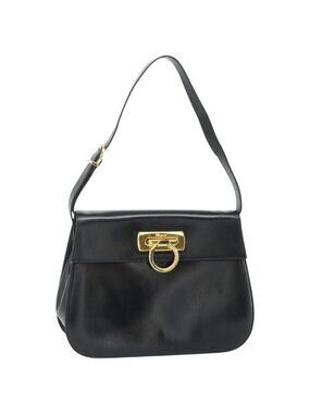 Authentic Salvatore Ferragamo Gancini Shoulder Bag Leather Black Gold